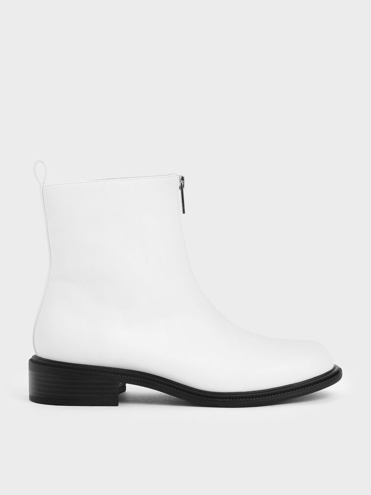 Front Zip Ankle Boots, White, hi-res