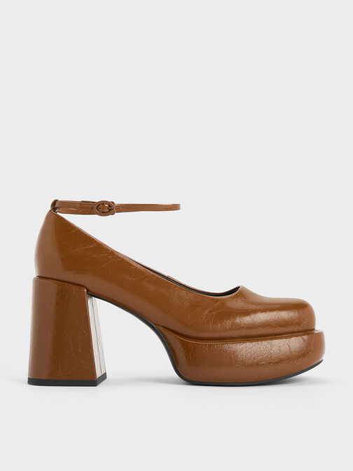 Monique Crinkle-Effect Ankle-Strap Platform Pumps, Brown, hi-res