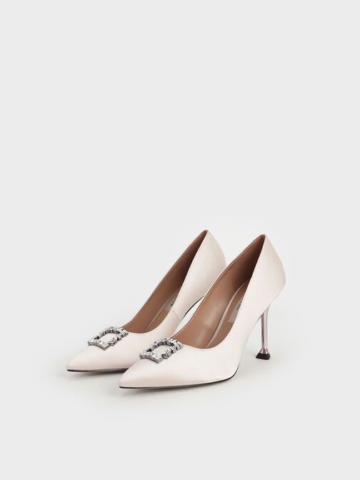 Satin Gem-Embellished Pumps, Cream, hi-res