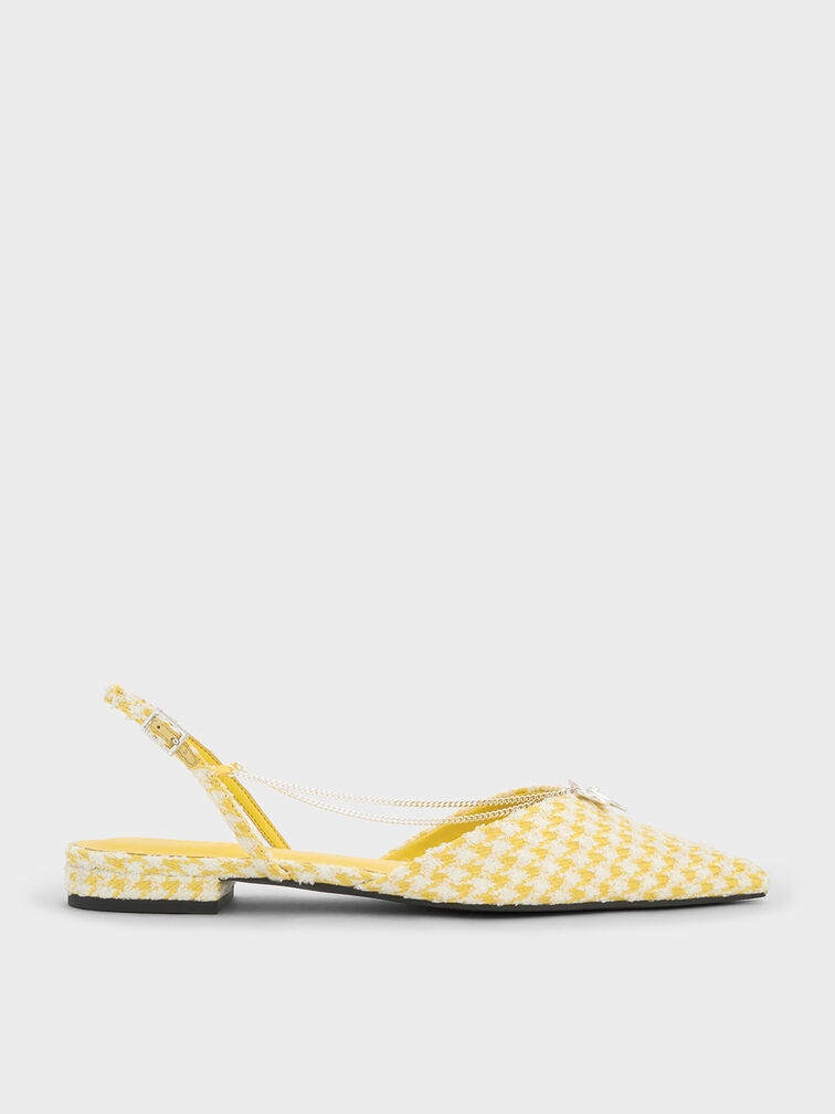 Houndstooth Flower-Accent Chain-Link Slingback Flats, Yellow, hi-res