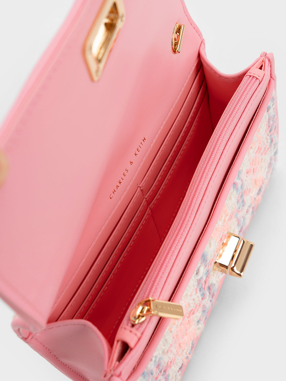 Metallic Turn-Lock Tweed Quilted Clutch, Pink, hi-res