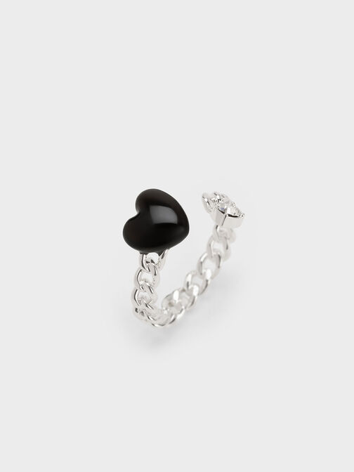 Heart Embellished Chain-Link Ring, Black, hi-res