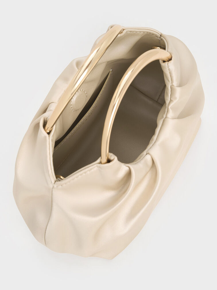 Satin Ruched Ring-Handle Bag, Light Gold, hi-res