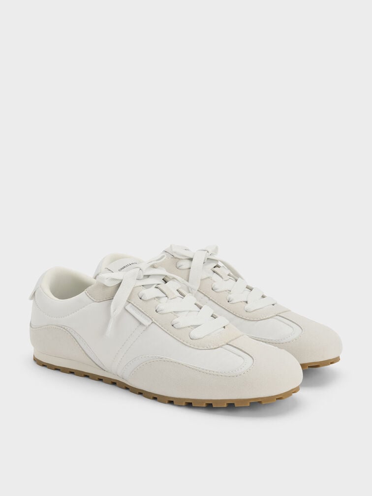 Nylon Contrast-Panel Lace-Up Sneakers, White, hi-res