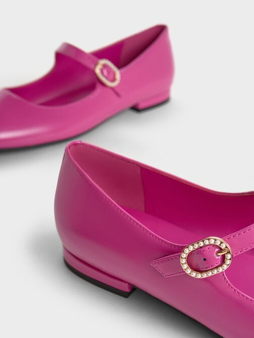 Patent Crinkle-Effect Pearl-Buckle Mary Janes, Fuchsia, hi-res