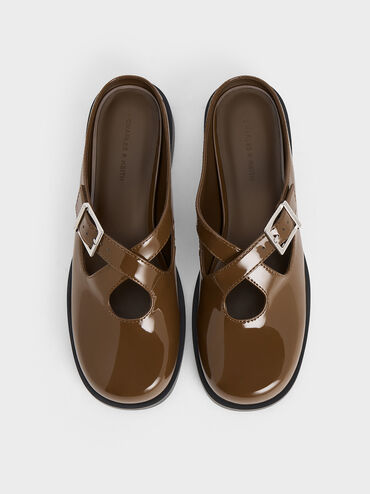 Buckled Crossover-Strap Slip-On Flats, Brown, hi-res