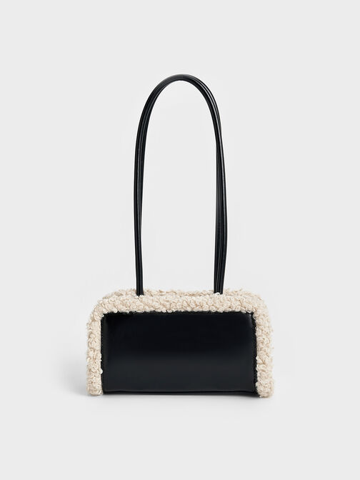 Fur-Trim Elongated-Handle Shoulder Bag, Chalk, hi-res