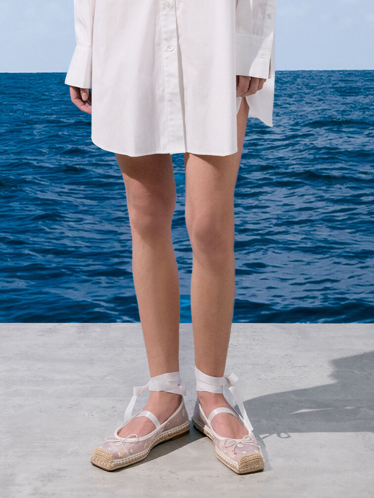 Mesh Floral-Embroidered Bow Tie-Around Espadrille Ballet Flats, Blanco, hi-res