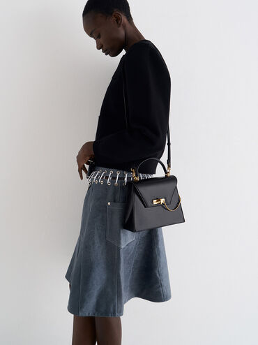Samantha Envelope Top Handle Bag, Black, hi-res