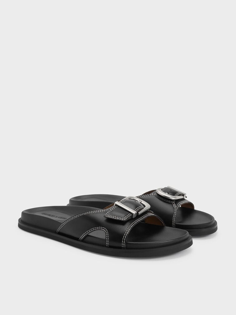 Stitch-Trim Buckled Slides, Black, hi-res