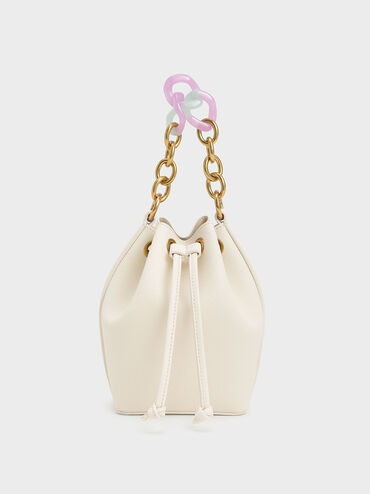 Marlowe Chain-Handle Drawstring Bucket Bag, Cream, hi-res