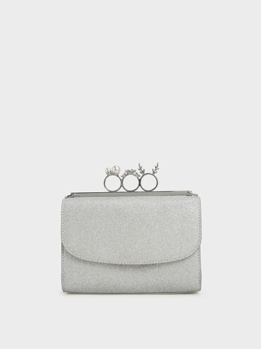 Glittered Knuckle-Ring Clutch, Silver, hi-res