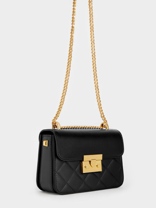 Metallic Push-Lock Chain Bag, Black, hi-res