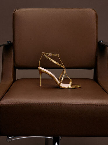 Metallic Crinkle-Effect Strappy Stiletto-Heel Sandals, Dorado, hi-res