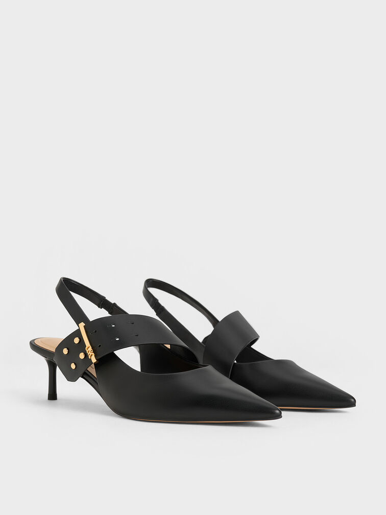 Leather Asymmetric-Strap Slingback Mary Jane Pumps, Black, hi-res