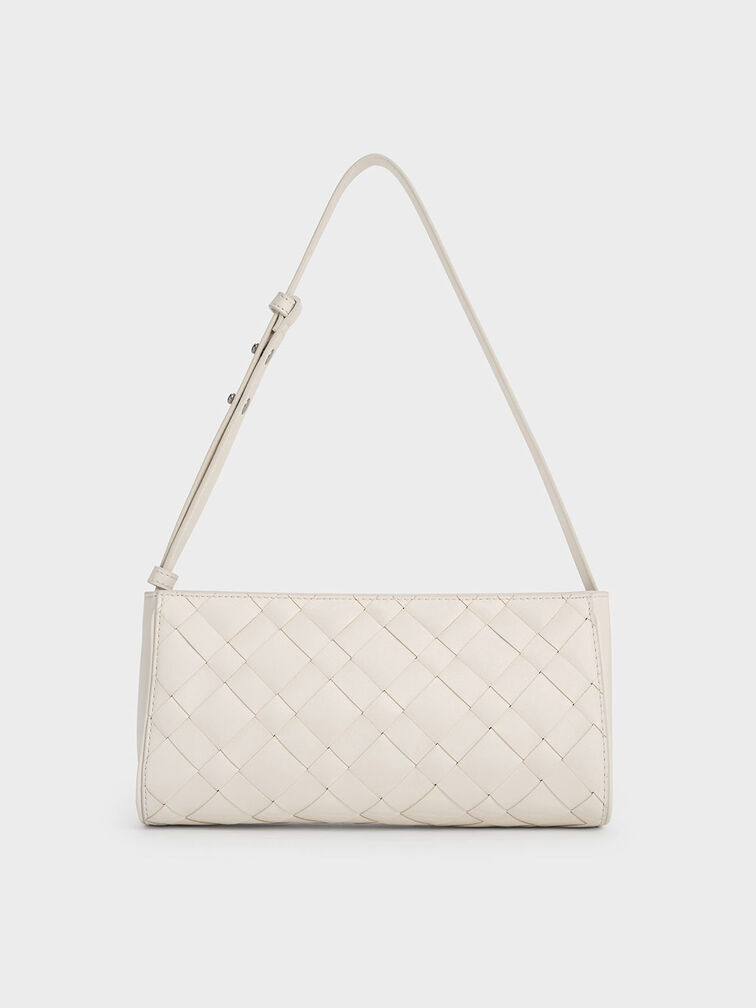 Ivette Woven Elongated Shoulder Bag, Cream, hi-res