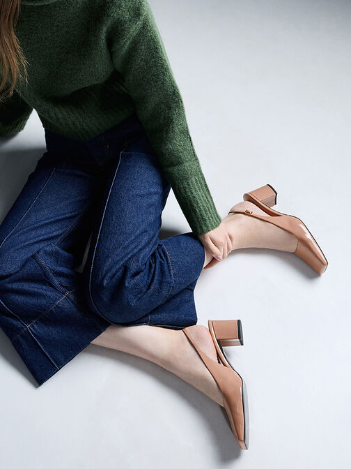 Patent Square-Toe Slingback Pumps, Nude, hi-res