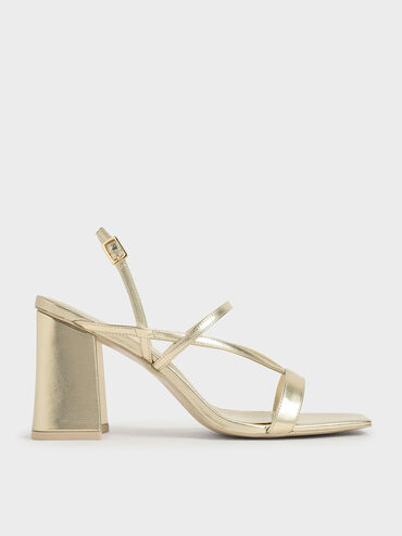 Metallic Strappy Chunky Heel Sandals, Gold, hi-res