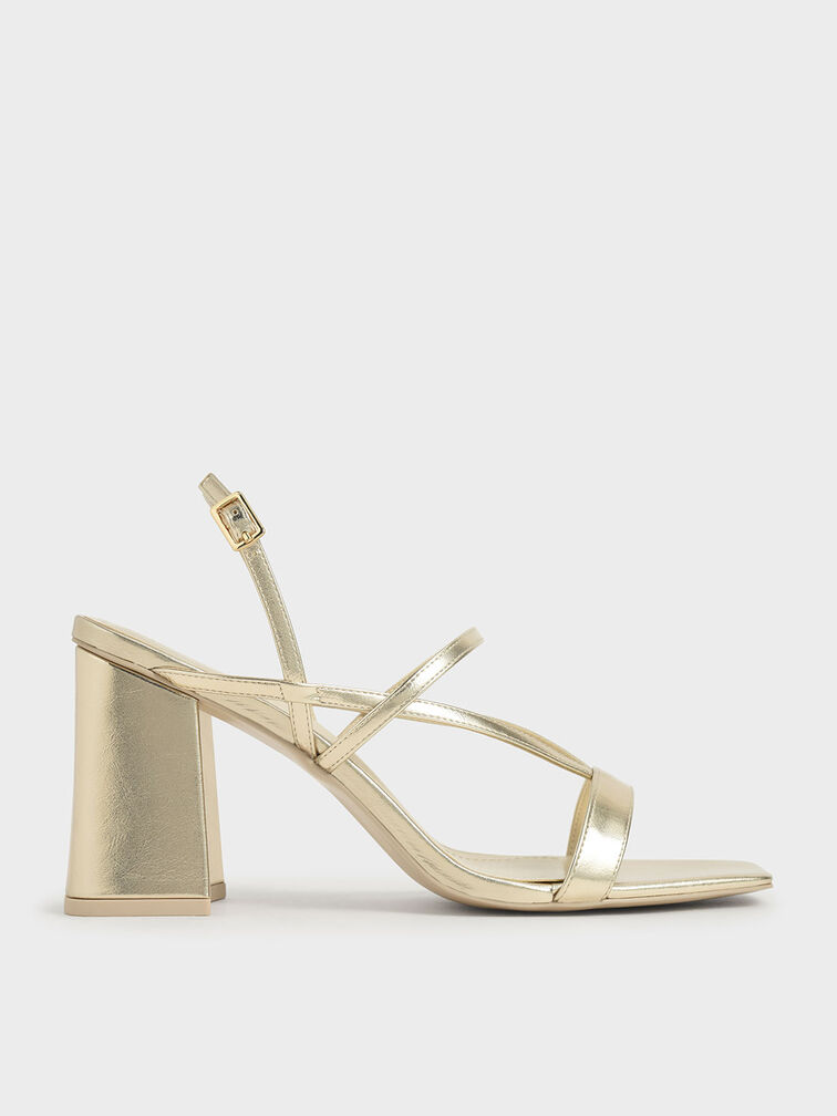 Metallic Strappy Chunky Heel Sandals, Gold, hi-res