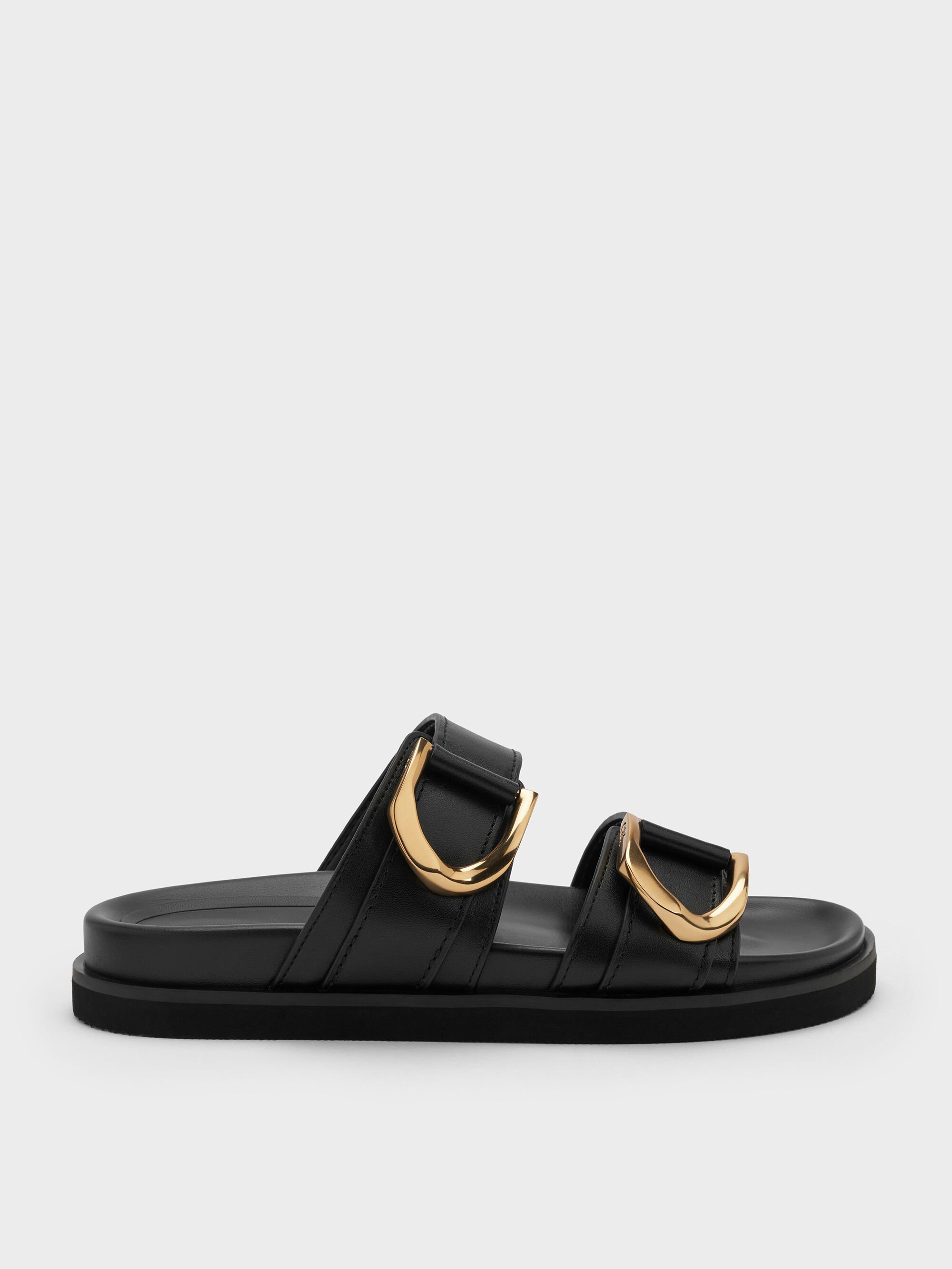 Black Gabine Gold-Buckle Leather Slides - Black - CHARLES & KEITH US