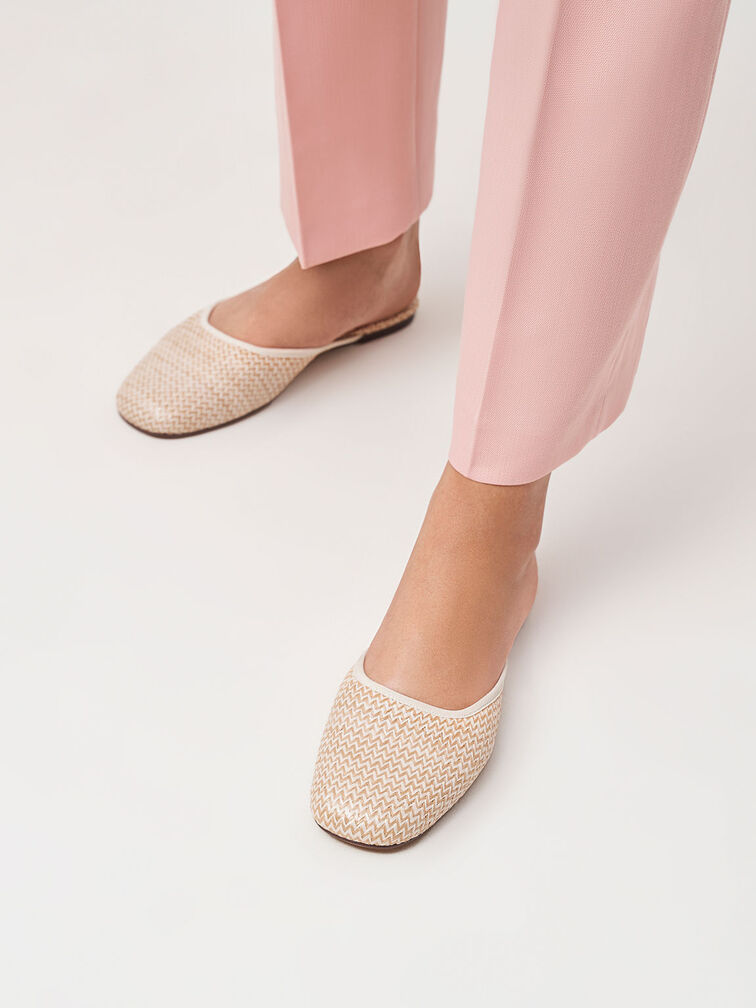 Square-Toe Flat Mules, Beige, hi-res