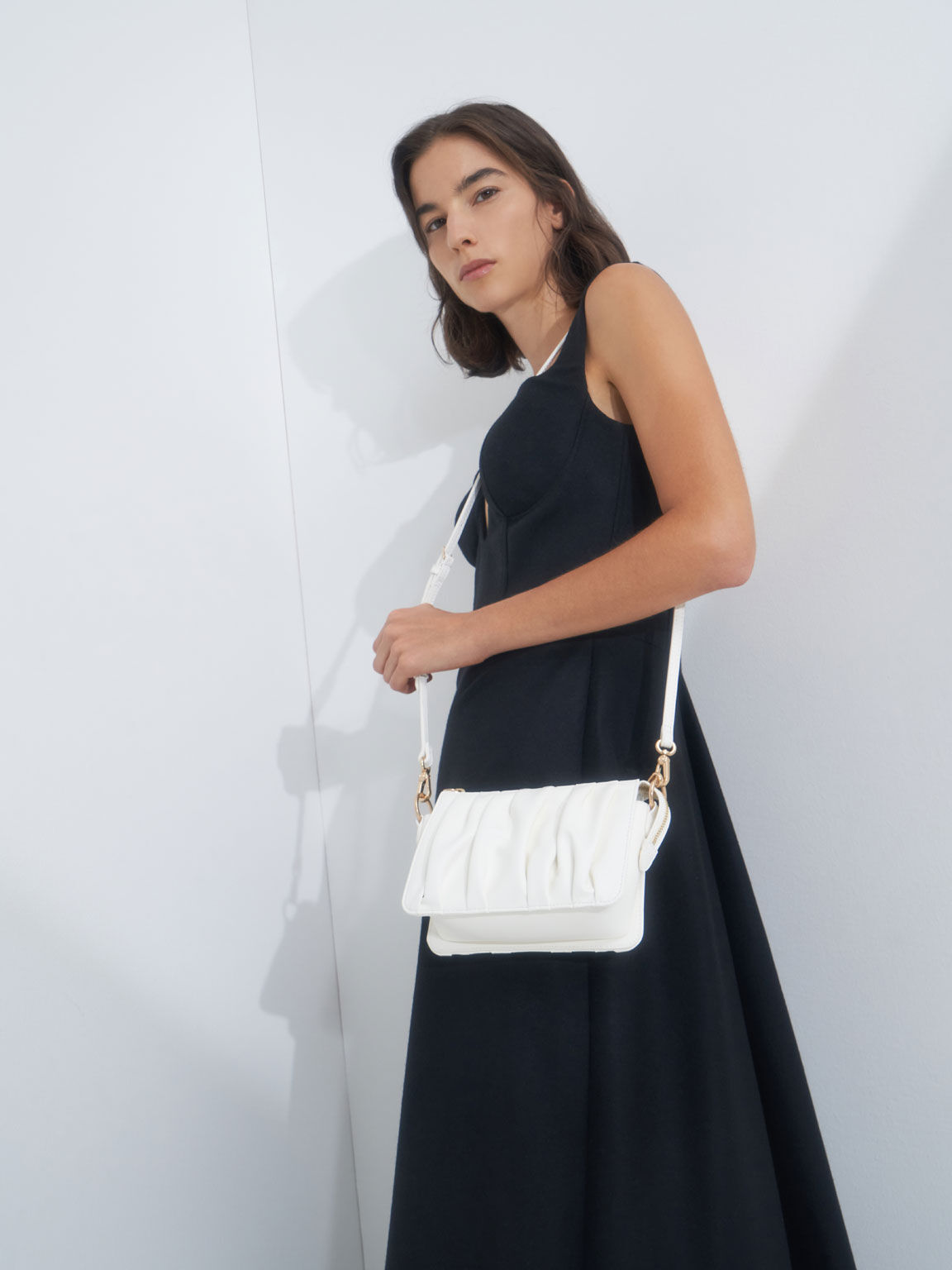 Beaded Strap Ruched Shoulder Bag, White, hi-res