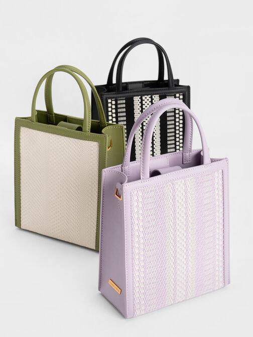 Woven Double Handle Tote Bag, Black, hi-res