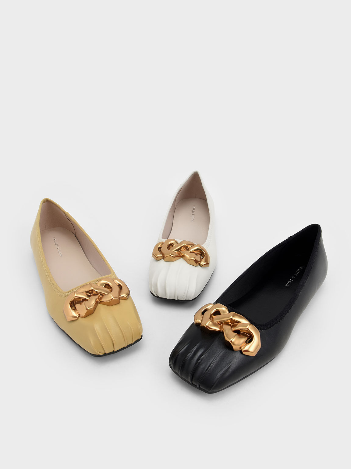 Ruched Square-Toe Chunky Chain-Link Ballerinas, Mustard, hi-res