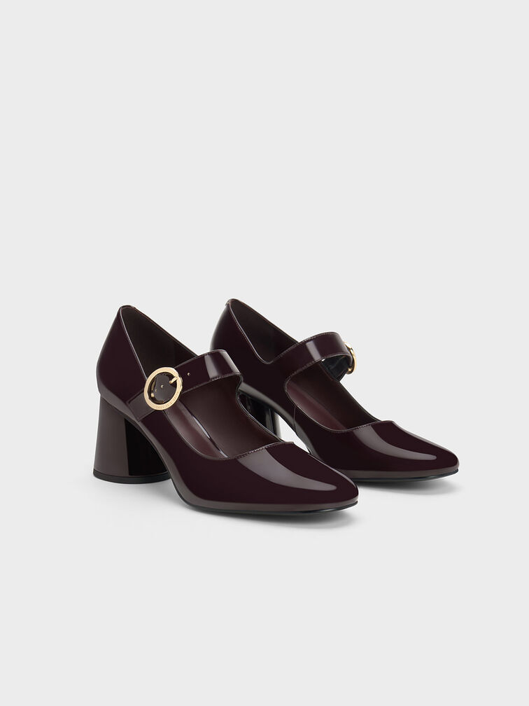 Patent Cylindrical Block Heel Mary Janes, Maroon, hi-res