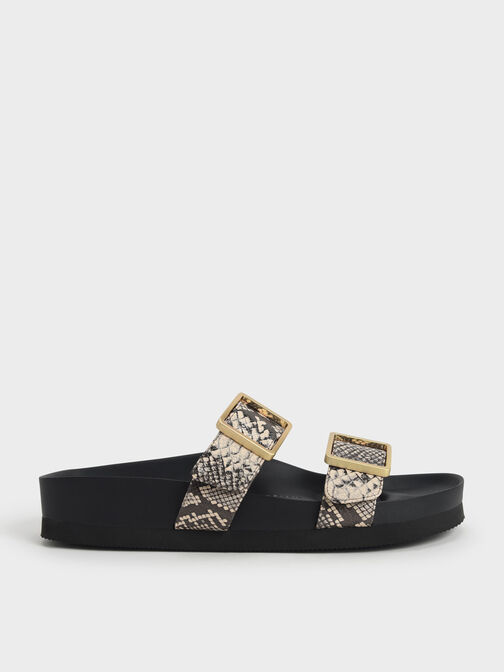 Snake Print Buckle Strap Slide Sandals, Animal Print Natural, hi-res