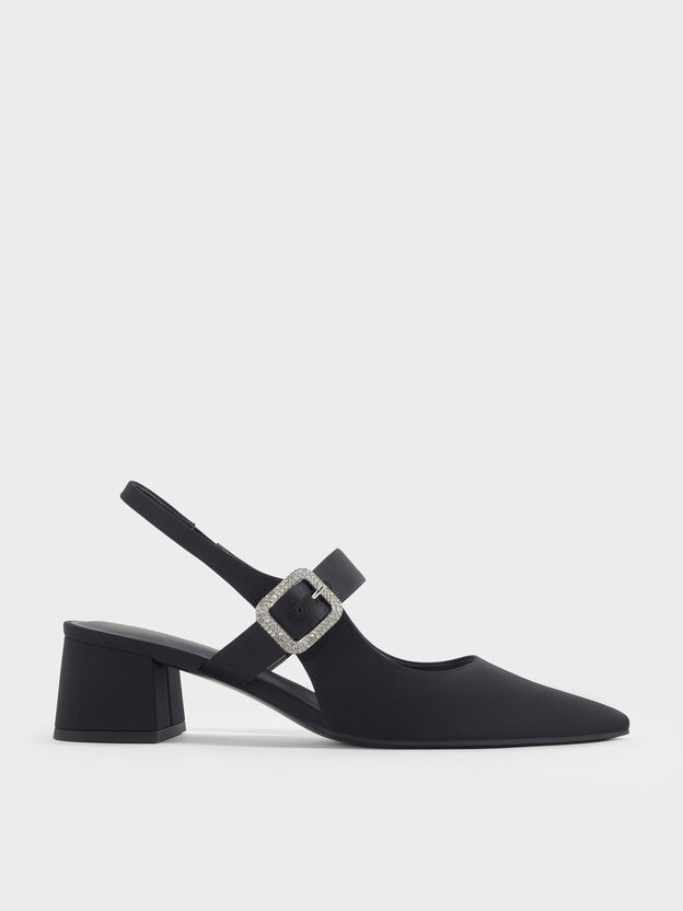 Zapatos de tac&oacute;n cuadrado con tira trasera y hebilla de cristal de sat&eacute;n, Negro texturizado, hi-res