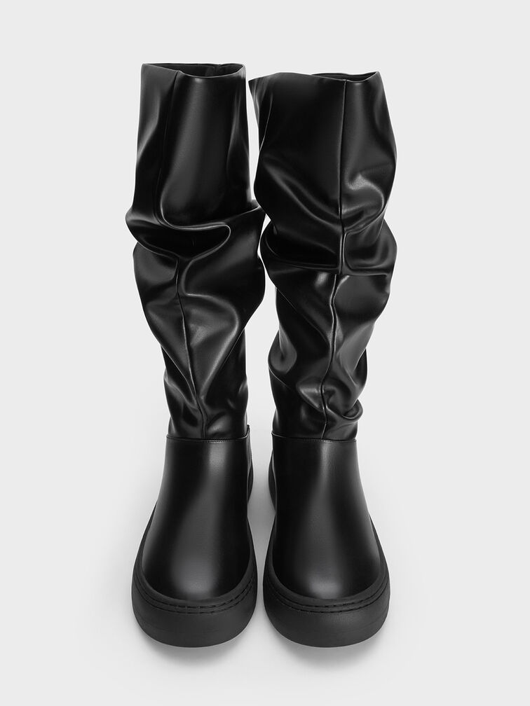 Ruched Slouchy Knee-High Boots, Black, hi-res