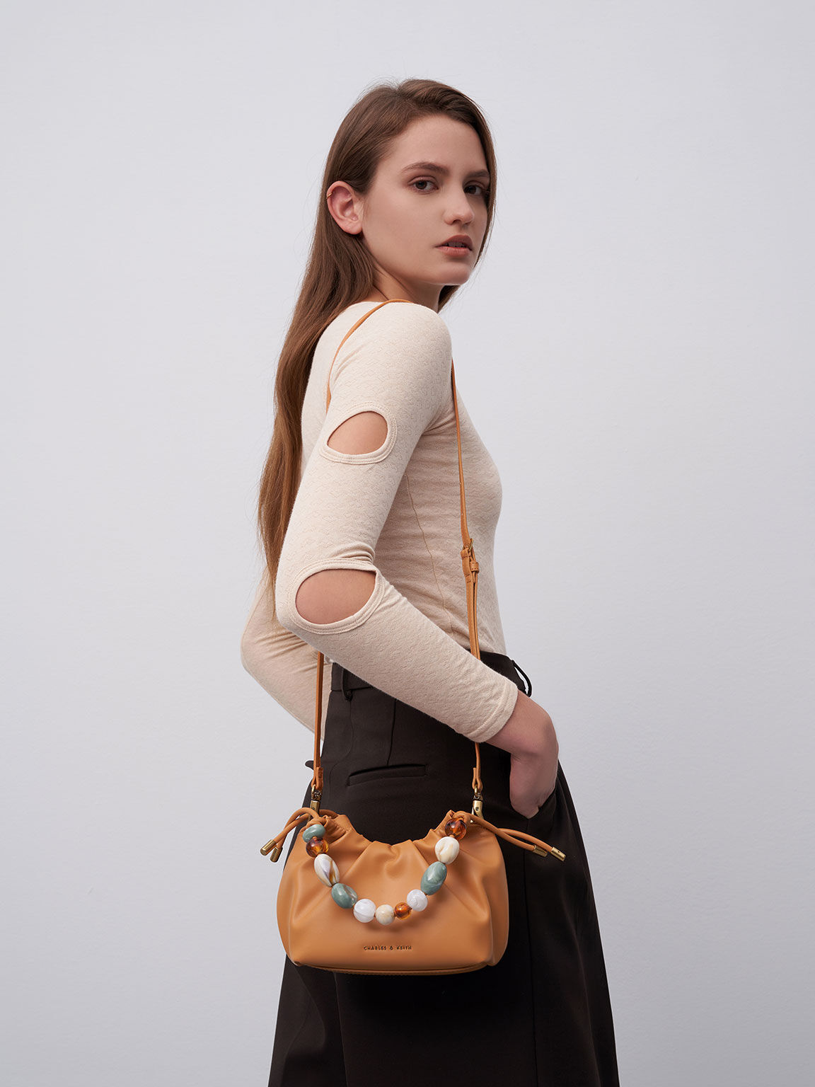 Aviary Beaded Acrylic Handle Slouchy Bag, Pumpkin, hi-res