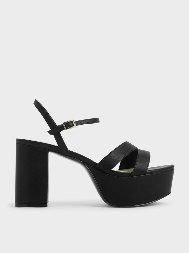 Strappy Platform Sandals, Black, hi-res