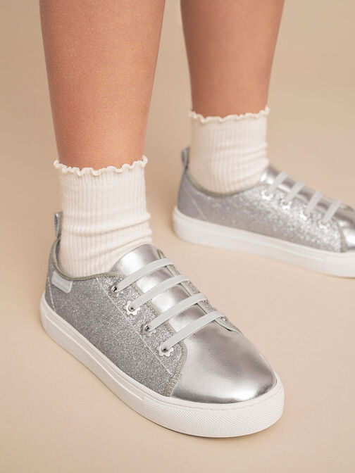 Girls' Glittered Sneakers, Silver, hi-res