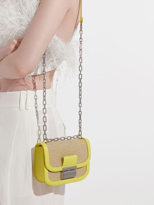 Charlot Raffia Chain Strap Bag, Yellow, hi-res