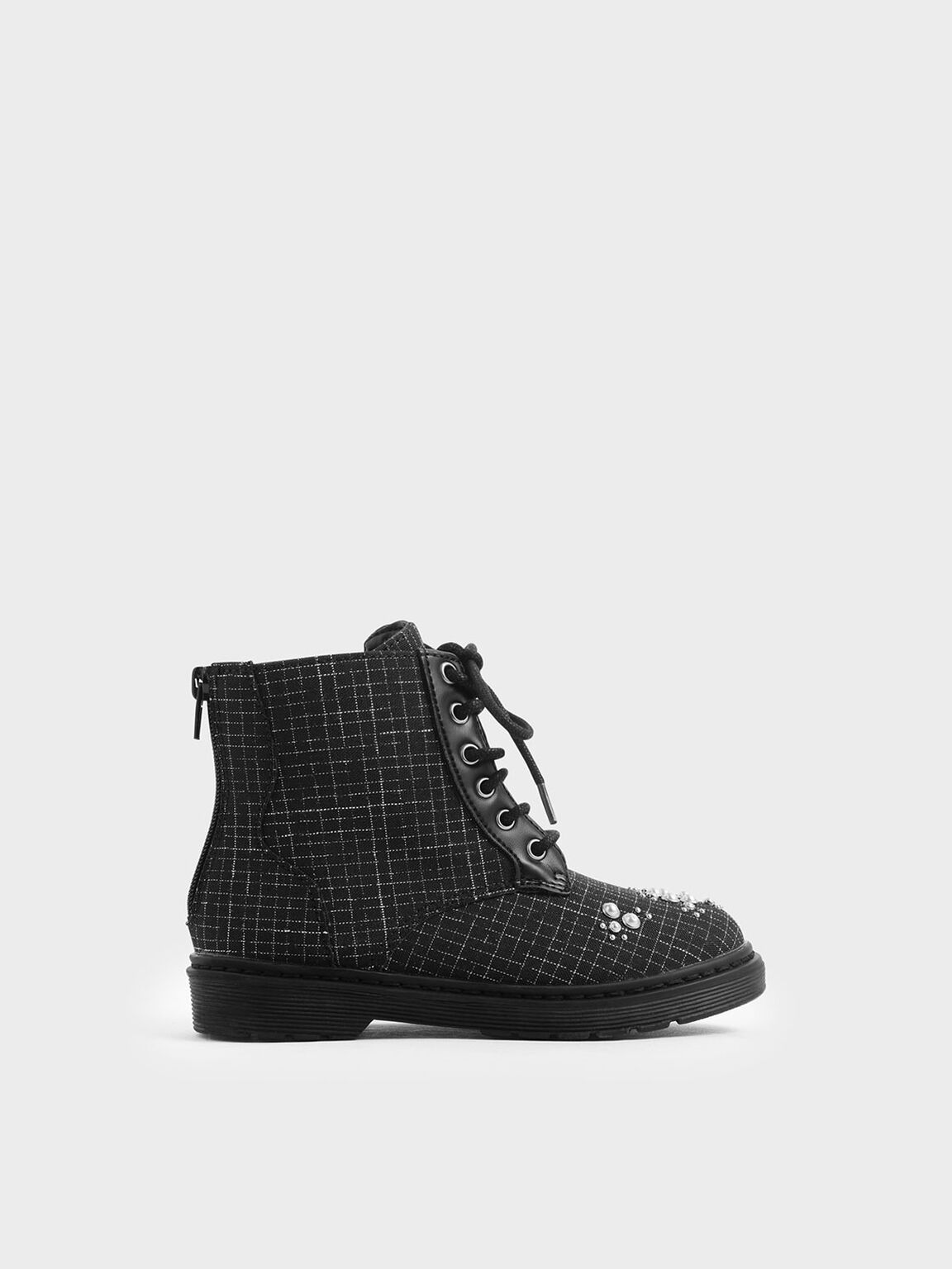 Girls&apos; Windowpane Print Embellished Lace-up Boots, Multi, hi-res