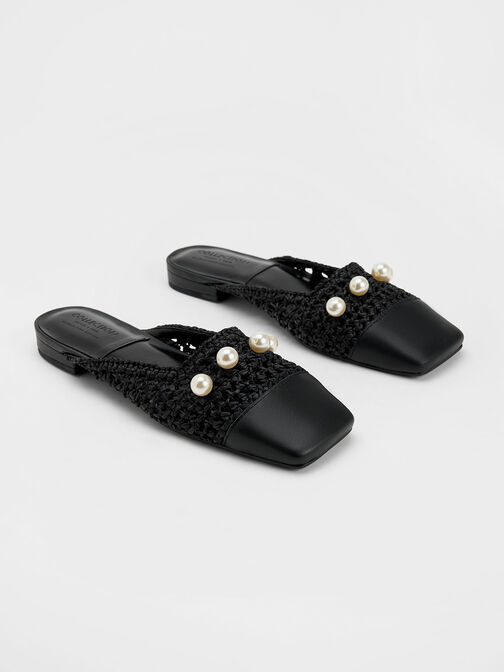 Raffia & Leather Bead-Embellished Mules, Black, hi-res