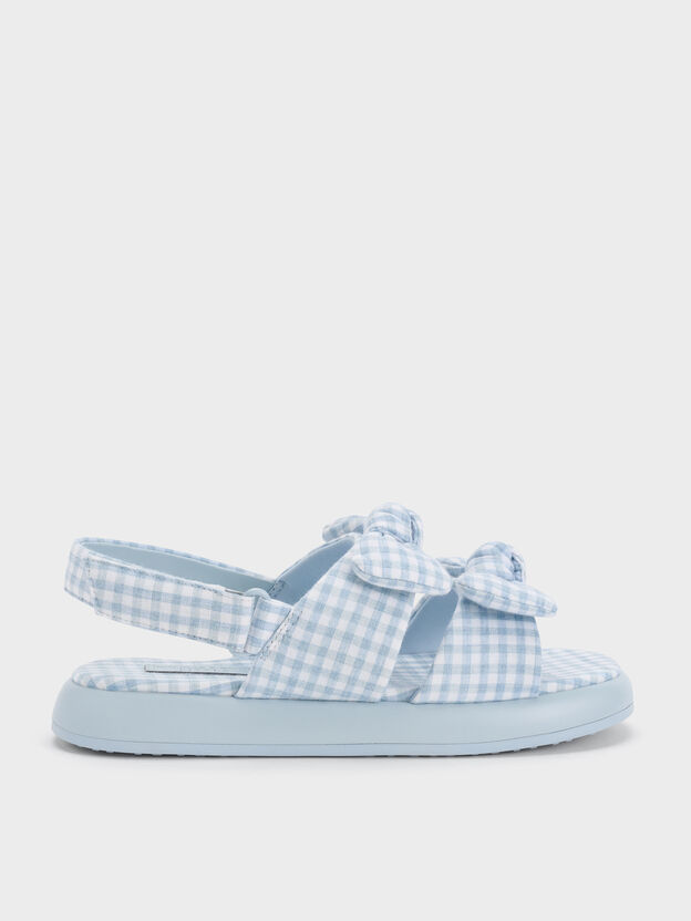 Girls' Gingham Bow Slingback Sandals, Light Blue, hi-res