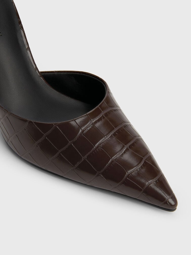Escarpins d'Orsay à effet croco à bout pointu et bride de cheville, Imprimé Animal Marron, hi-res
