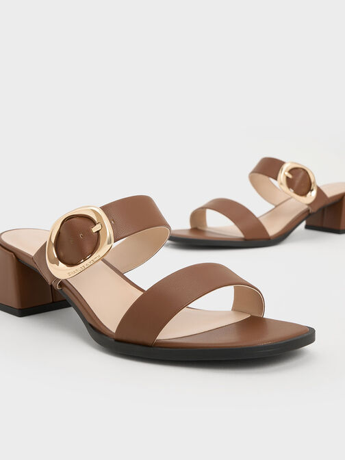 Oval-Buckle Heeled Mules, Cognac, hi-res