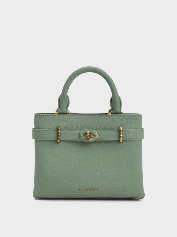 Double Handle Turn-Lock Structured Bag, Sage Green, hi-res