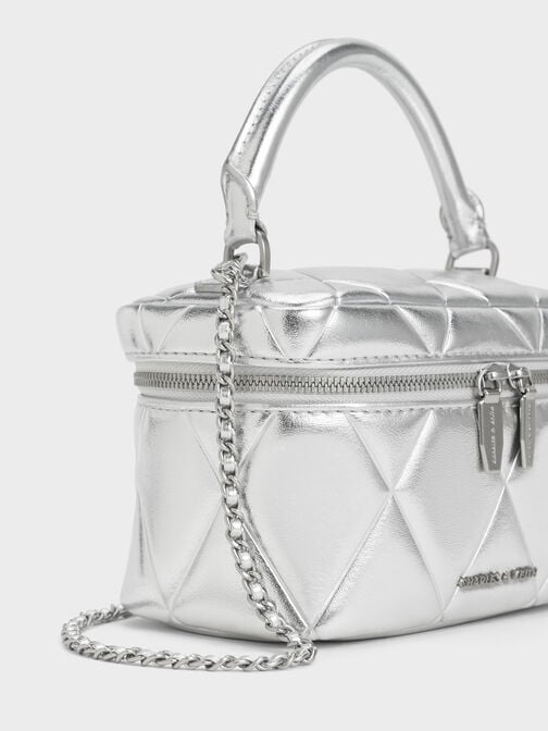 Arwen Metallic Quilted Top Handle Vanity Bag, Silver, hi-res