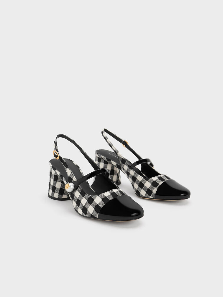 Pearl Embellished Gingham Slingback Pumps, Multi, hi-res