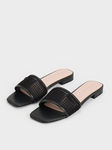 Mesh Knitted Slide Sandals, Black Textured, hi-res