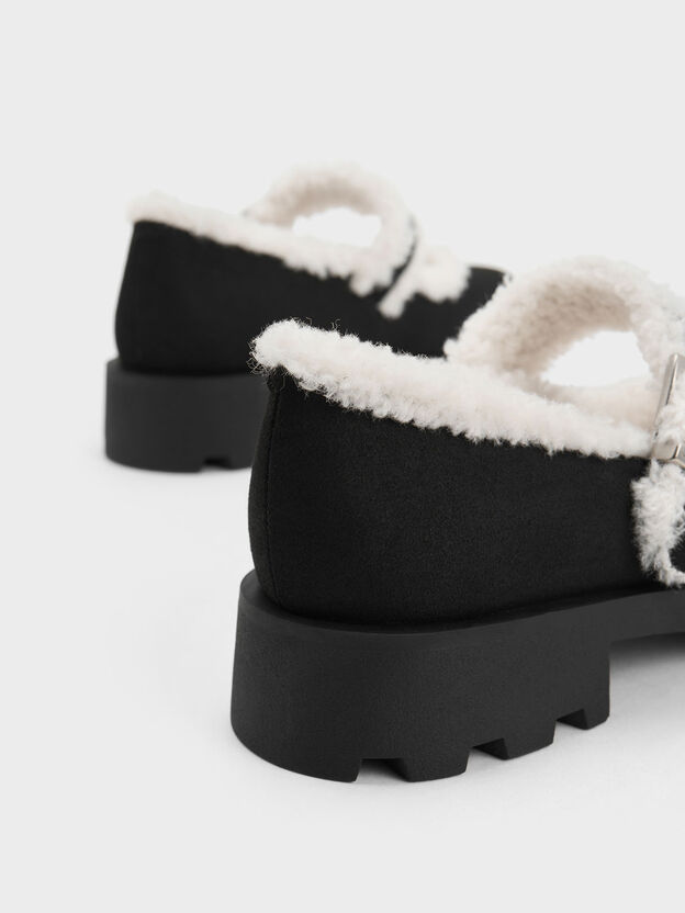 Textured Fur-Trim Buckled Mary Janes, Black Textured, hi-res