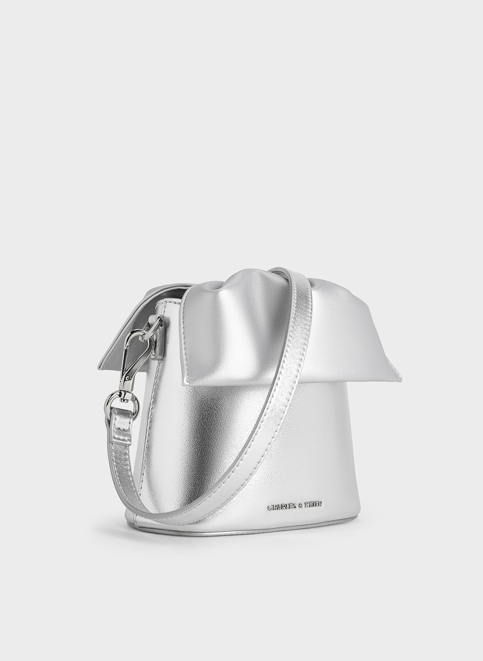 Metallic Ruched-Flap Drawstring Bucket Bag, Silver, hi-res