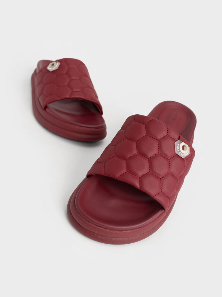Textured Flatform Sliders, Red, hi-res