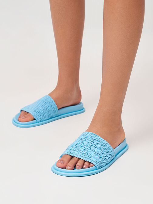 Knitted Slide Sandals, Blue, hi-res