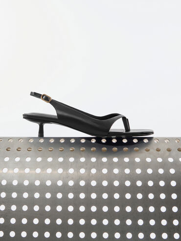 Sandalias slingback de dedo con punta cuadrada y tacón kitten, Negro, hi-res